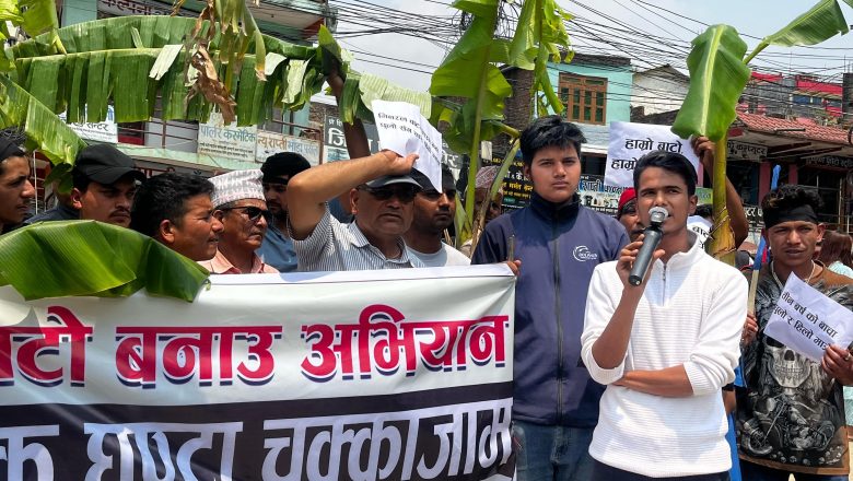 सडक निर्माणको माग गर्दै सडकमै रोपियो केराको बोट